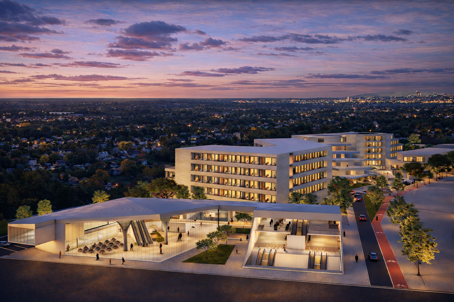 Housing for Transit-Oriented Communities — Aerial Dusk View