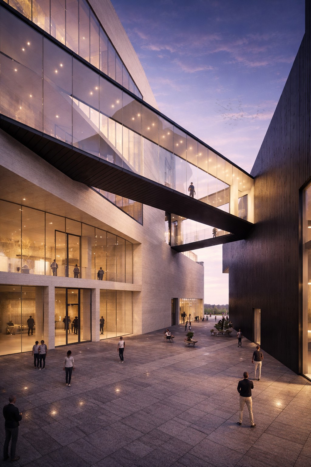 Bridge View — courtyard, glazed facade, overhead bridge